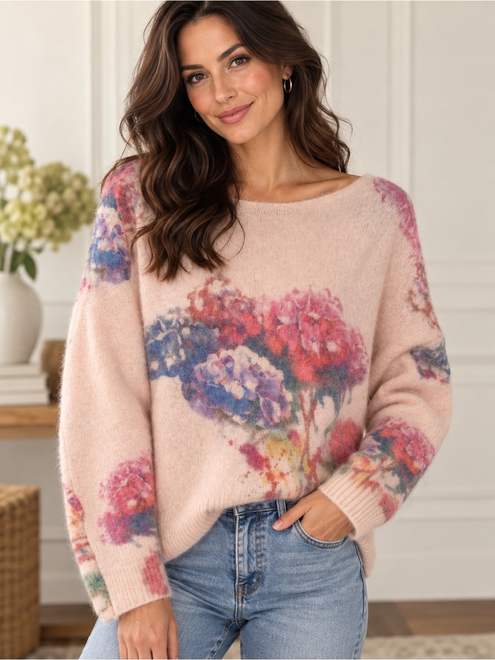 Bartolini mohair blend Floral Print Sweater in Blush Pink Large